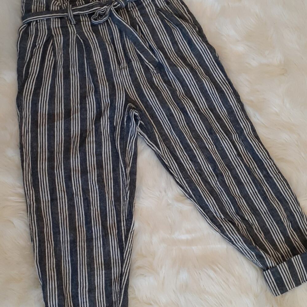 MADEWELL Blue & White Stripe Linen Paperbag Ankle Pants Coastal Vacation Sz: 0 - Picture 7 of 16